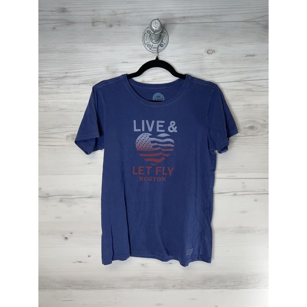 Life Is Good Shirt Womens‎ Medium Blue Live & Let Fly Boston Graphic Tee Cotton